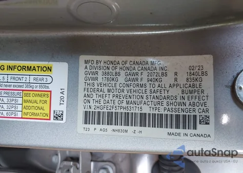 2023 Honda Civic Sport z USA, uszkodzony, nr VIN 2HGFE2F57PH531715